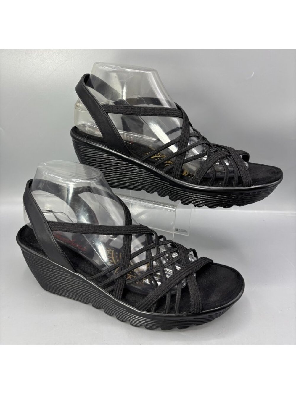 Skechers Parallel Crossed Wires Wedge Sandals Womens 8.5 Black Memory Foam